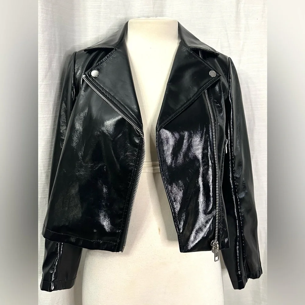 Topshop Women's Black 100% Polyester Cropped Biker Jacket Ladies Zipper Pocket - Picture 10 of 12